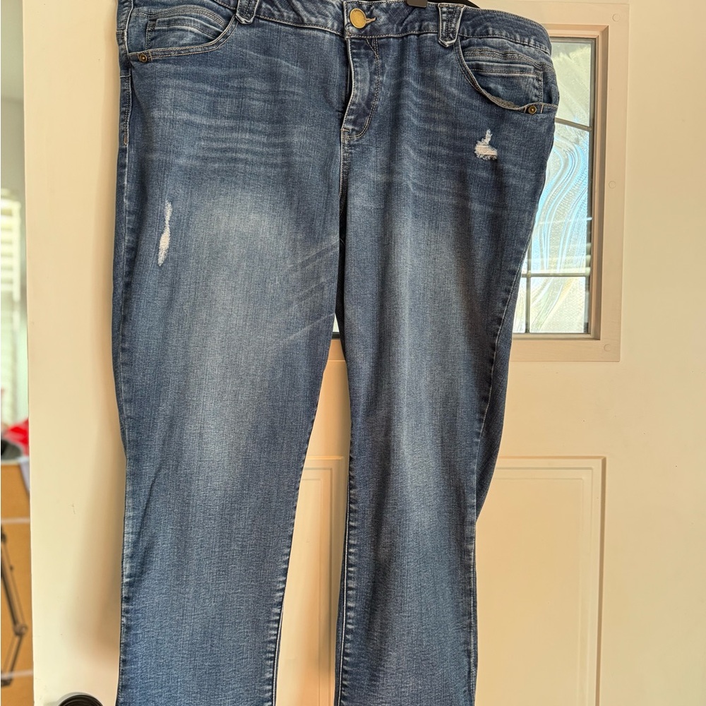 Plus Size Jeans 22W Democracy Blue Distressed Straight Leg Cropped Curvy Jeans